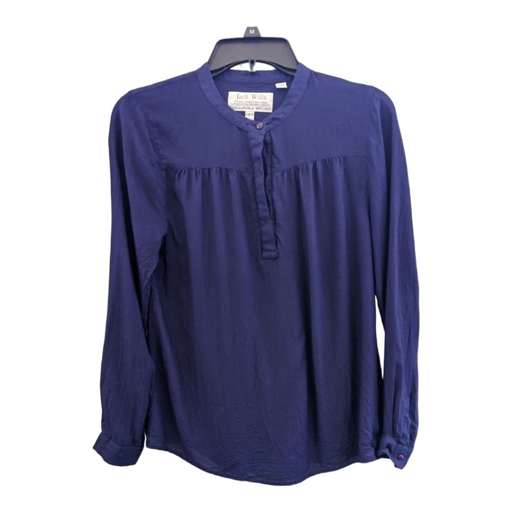 Jack Wills navy quarter button up viscose long sleeve blouse, size 6